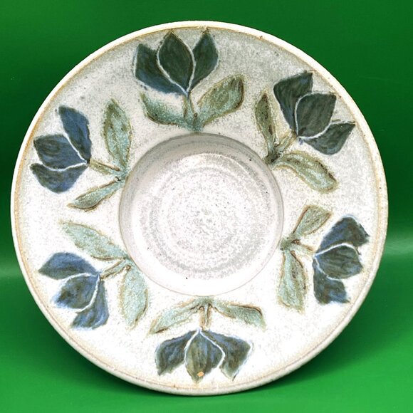 VTG Signed Studio Pottery Candle Dish 2000 Blue Floral Hand Painted Stoneware - Picture 5 of 11